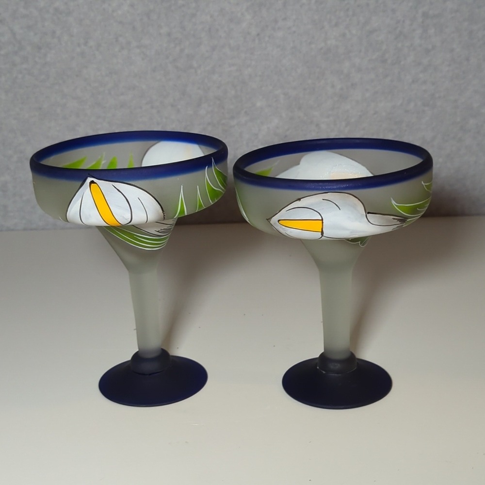 Mexican Hand Painted Margarita Glasses Set 2 Frosted Glass Blue Rimmed Stemmed